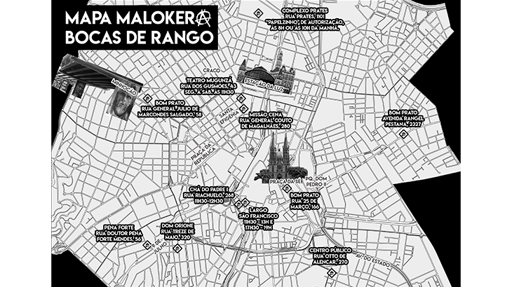 Mapa do centro da cidade de São Paulo, mostrando locais onde é possivel ter uma refeição gratuita.