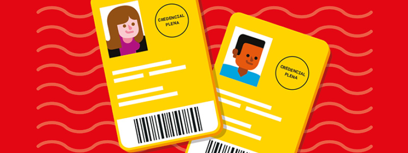 Ilustração de duas credenciais plenas amarelas, com os rostos de duas pessoas. A credencial tem formato de carteirinha. 