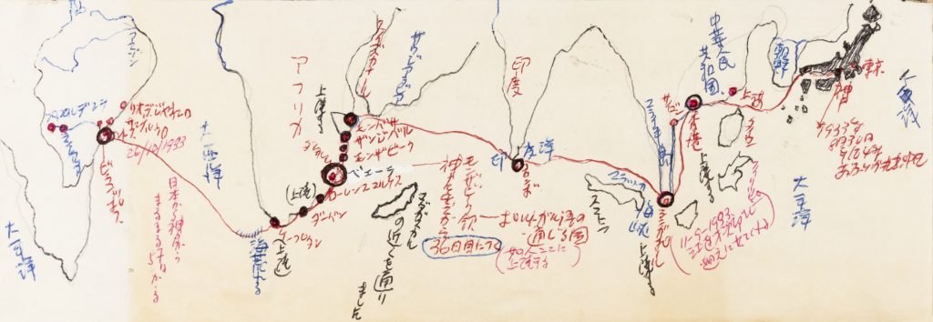 Cartografia do deslocamento de Takeo Sawada do Japão até o Brasil. Foto: acervo da família / reprodução: Paulo Miguel.