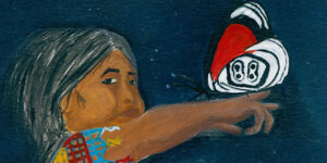 Ilustração de menina indígena com uma borboleta pousada na mão