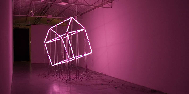 Foto de obra da artista Carmela Gross. Presas em tripés, várias lâmpadas fluorescentes na cor rosa formam uma casinha, com paredes e telhado.