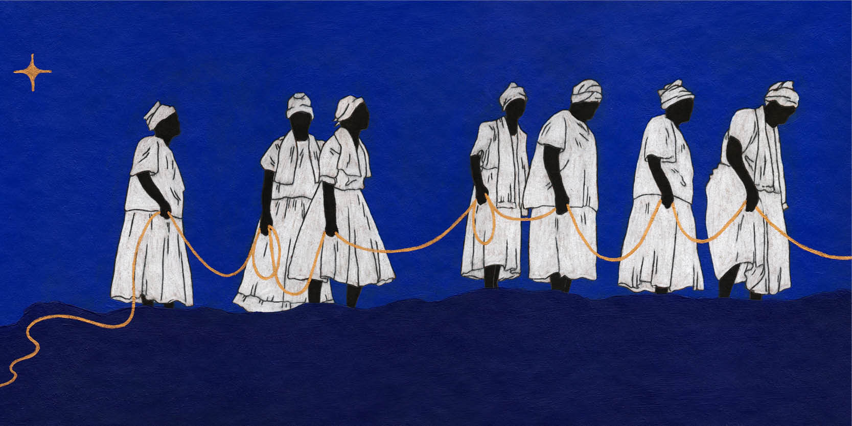 Pintura mostra sete mulheres negras vestidas de branco, com lenços nas cabeças. Elas caminham da esquerda para a direita e seguram uma corda dourada, que as une. O fundo é azul escuro no chão e azul mais claro no céu.