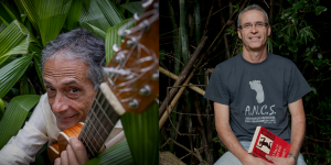 Paulo Freire está entre folhagens e José Oswaldo numa floresta segurando um livro vermelho