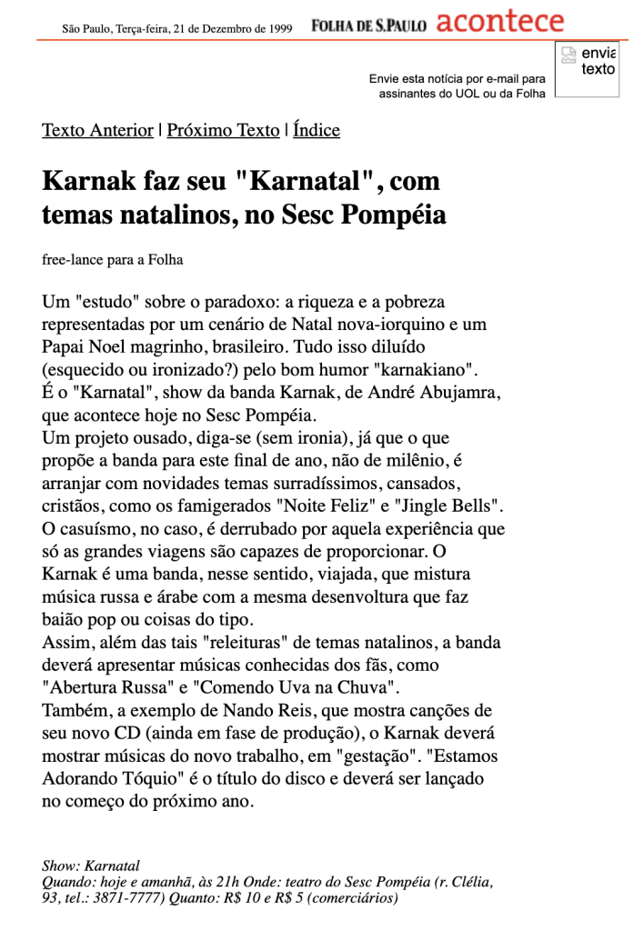 Nota sobre o show da banda Karnak em 21 de dezembro de 1999