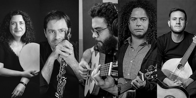 Montagem de fotos em preto e branco de 5 músicos