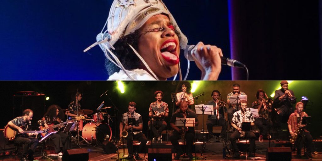 Montagem de duas fotos, uma com Caetana cantando e outra com a Frevo Bixiga Orquestra