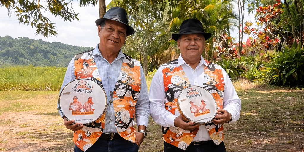 Dois repentistas segurando pandeiros