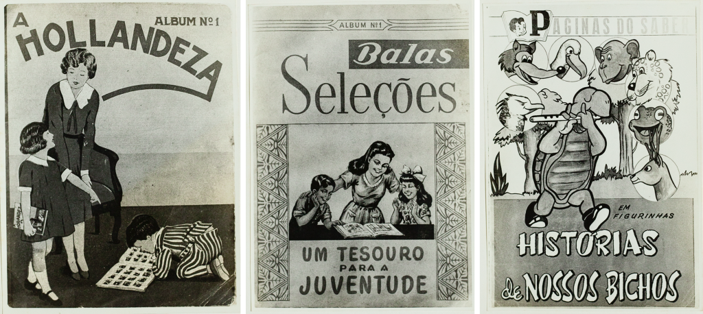 Três imagens de álbuns de figurinhas antigos. Todos com ilustrações desenhadas com crianças e bichos estilizados. Impressões em preto e branco